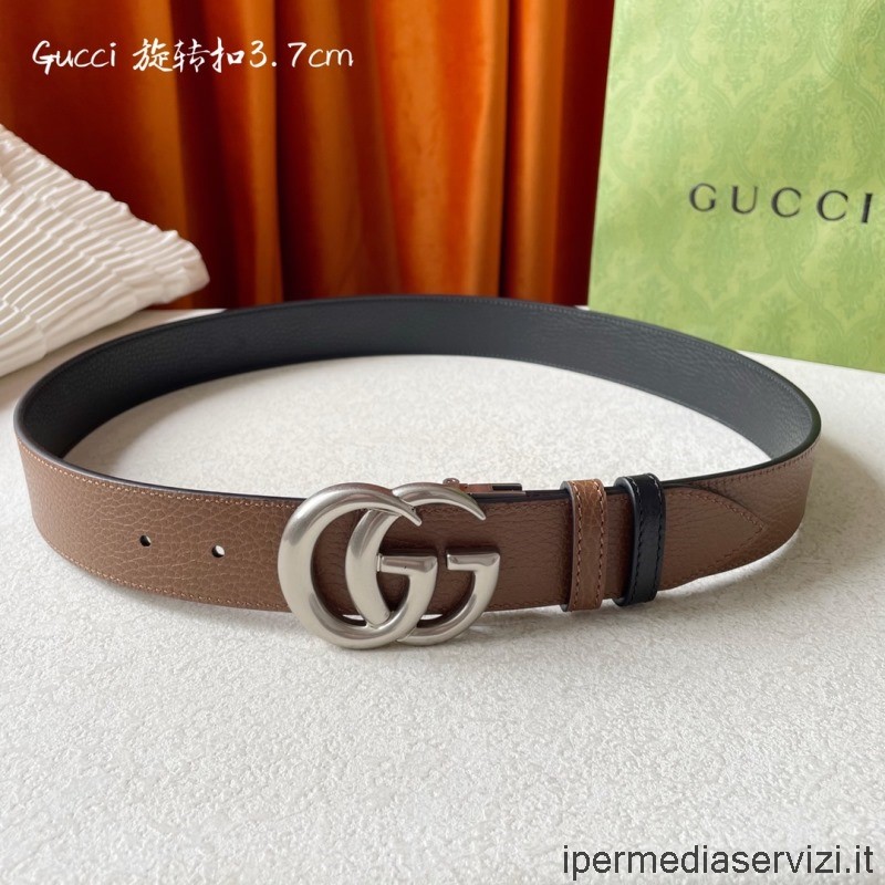 Replica Gucci Cintura In Pelle Fibbia Doppia G In Marrone Nero 37 Mm