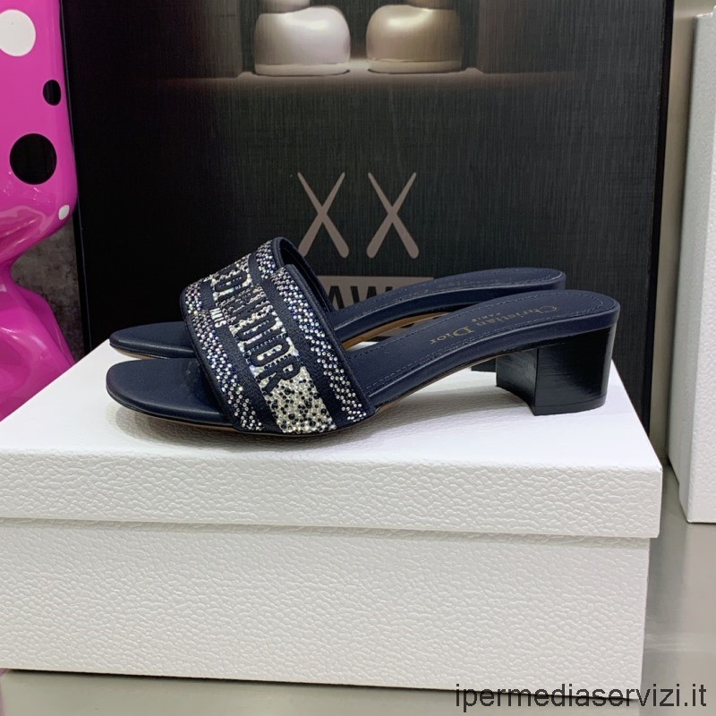 Sandalo Con Tacco Replica Dior Dway In Cotone Blu Ricamato Con Filo Metallico E Strass 45mm Dalla 34 Alla 43