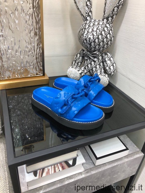 Replica Louis Vuitton Lv Monogramma In Pelle Tramonto Piatto Comfort Sandalo Mule Con Catena In Blu 35 A 41