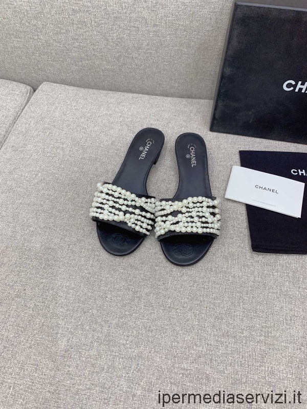 Replica Chanel Vintage Cc Pearls Sandalo In Pelle Nera Da 35 A 40