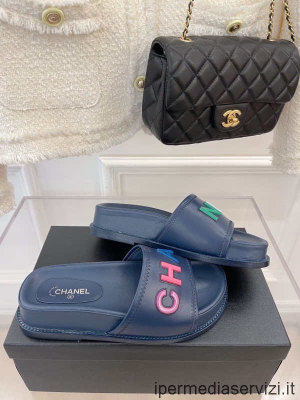 Replica Chanel 2022 Sandalo Flatform In Pelle Monogramma In Blu Da 35 A 40