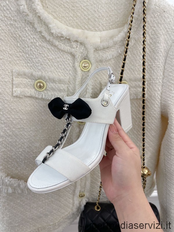 Replica Chanel Cc Sandalo Con Tacco A Catena Con Fiocco In Pelle Bianca 75mm Da 35 A 40