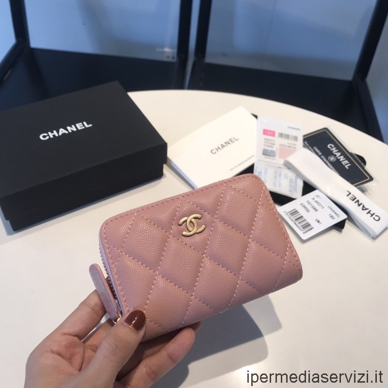 Replica Chanel Classic Zip Around Portamonete Portacarte Portafoglio In Pelle Caviale Rosa A69271 11x7cm