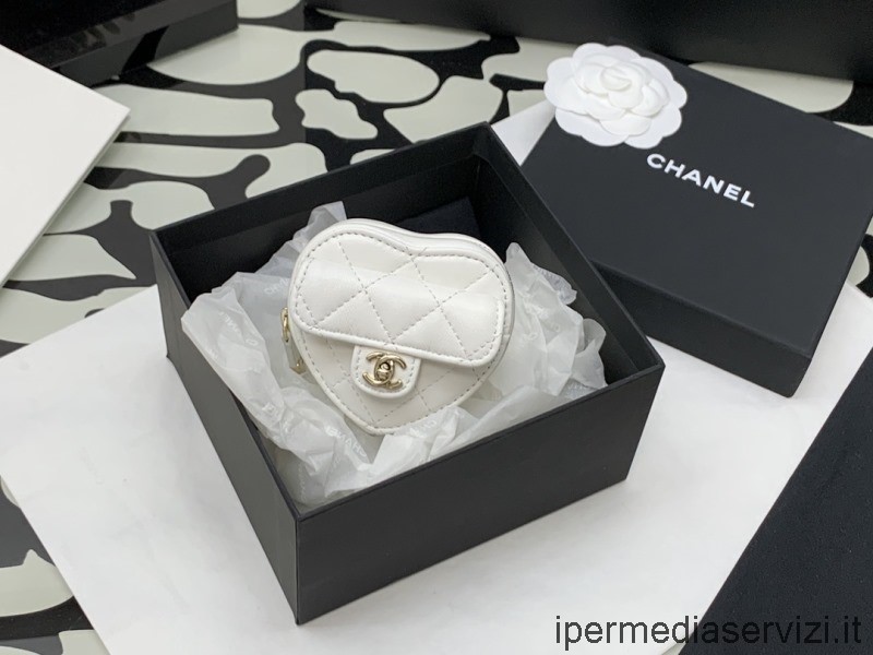 Replica Chanel Portamonete Con Braccio Con Zip A Cuore In Pelle Di Agnello Bianca Ap2786 8x8x5cm
