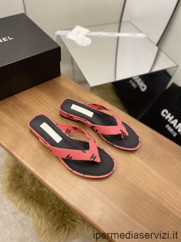Sandalo Infradito In Pelle Con Logo Chanel 2022 Cc Replica In Rosso Da 35 A 40