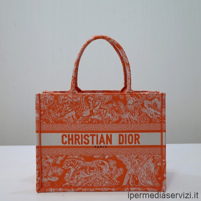 Replica Dior Borsa A Tracolla Tote Book Dior Media In Tela Toile De Jouy Arancione Fluorescente 36x28x17cm