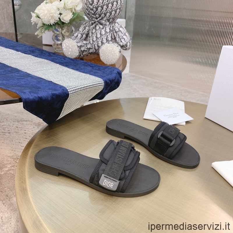 Sandalo Slide Replica Dior Evolution In Tessuto Tecnico Lucido Nero Da 35 A 41
