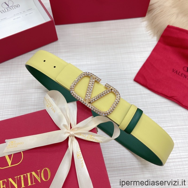 Replica Valentino Reversibile Cristallo Vlogo Firma Cintura In Pelle Verde Giallo 40 Mm