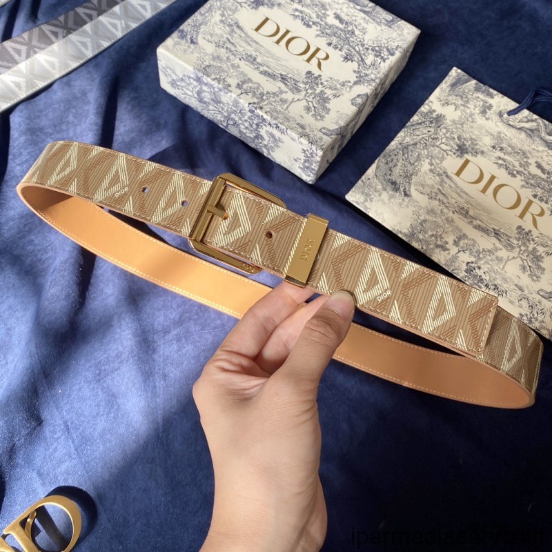 Cintura Replica Dior 2022 In Tela Beige Cd Diamond E Pelle Di Vitello Liscia 35mm