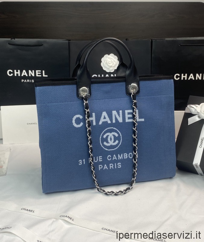 Replica Chanel Borsa Shopping A Tracolla Grande Catena Deauville Blu A66941 38x32x18cm