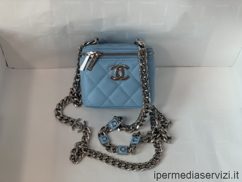 Replica Chanel Vanity Case Piccolo Con Catena Coco In Pelle Di Vitello Caviale Azzurro A81193 12cm