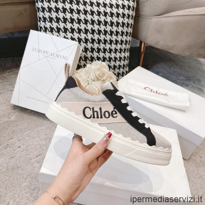 Replica Chloe Woody Lauren In Pelle Rifinita Con Logo Stampato Sneakers Basse In Tela Di Cotone Dalla 35 Alla 40