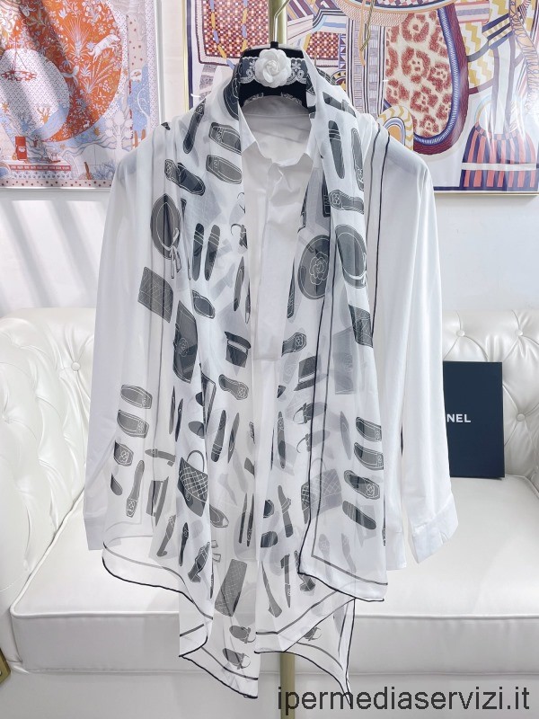 Replika Chanel 2022 Potištěný Hedvábný šátek V Bílé Barvě 190x60cm