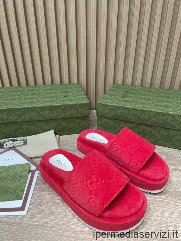 Replika Dámských červených Bavlněných Sandálů S Houbou Gg Na Platformě Gucci 35 Až 43