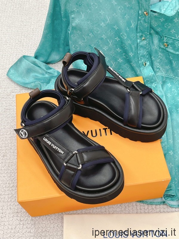 Replika Louis Vuitton Bazénový Polštář Plochý Komfort černé Sandály Z Jehněčí Kůže 35 Až 40