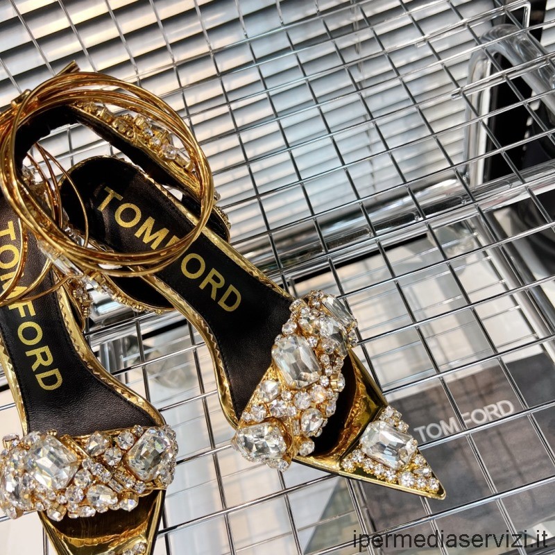 Replika Tom Ford Zlatá Metalická Křišťálová Kravata Na Kotník Sandál Na Podpatku 105mm 35 Až 42
