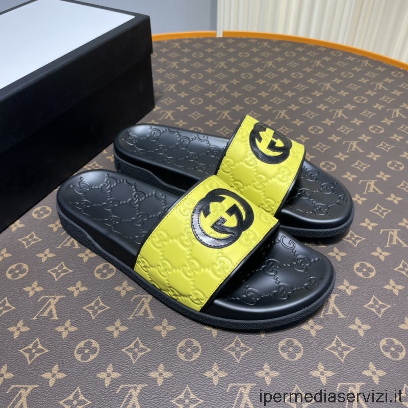 Replika Gucci 2022 Pánské Gg Signature Embosované Kožené Sandály Ve žluté Barvě 38 Až 45