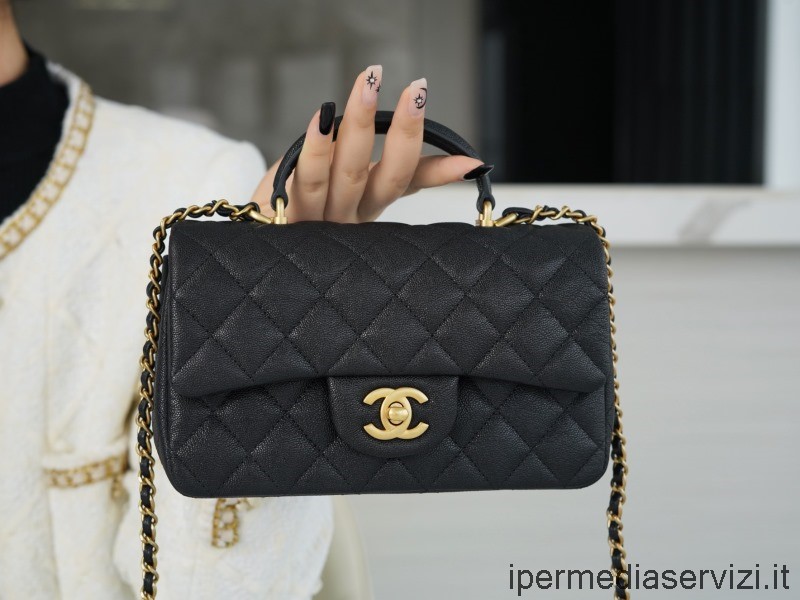Replika Chanel Vip Klasická Mini Taška S Klopou S Horním Uchem Z černé Zrnité Kůže A2101 20x13x9cm