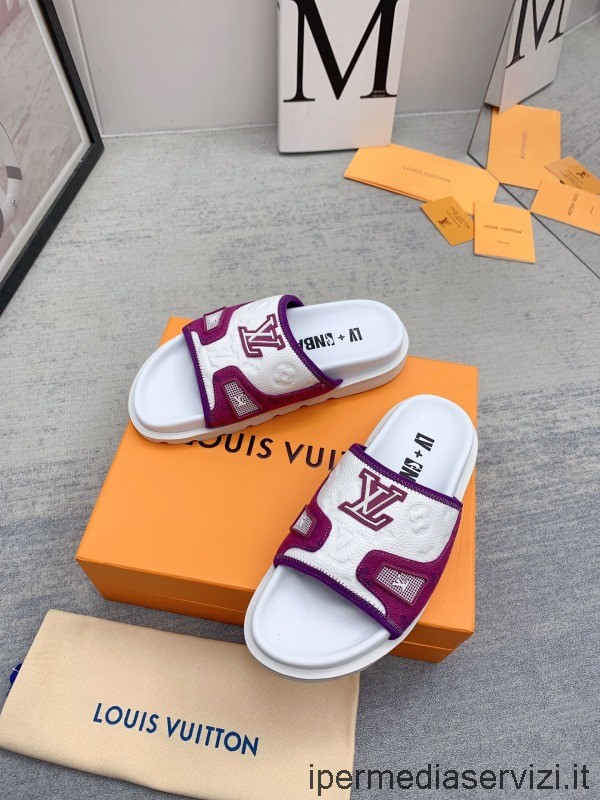 Replika Louis Vuitton Bílý Monogram Embosovaný Sandál Z Kůže A Fialového Plátna 35 Až 47