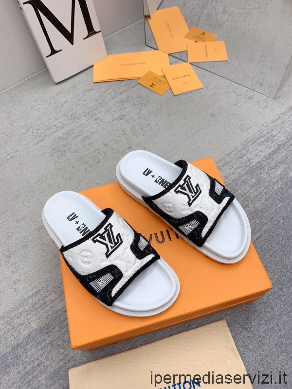Replika Louis Vuitton Bílý Monogram Ražený Sandál Z Kůže A černé Džínoviny Plátno 35 Až 47