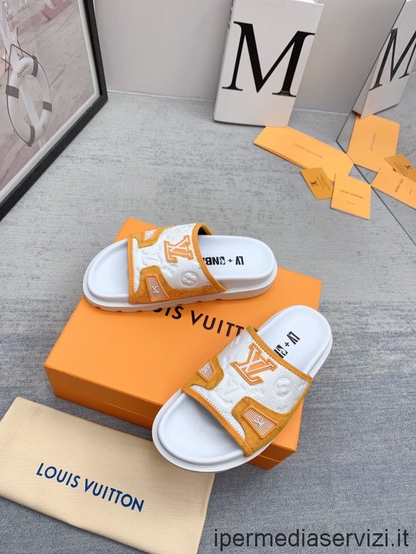 Replika Louis Vuitton Bílý Monogram Ražený Sandál Z Kůže A žlutého Plátna 35 Až 47