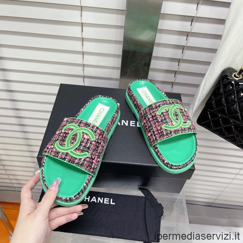 Replika Chanel 2022 Cc Logo Zelený Tvídový Plochý Sandál 35 Až 41