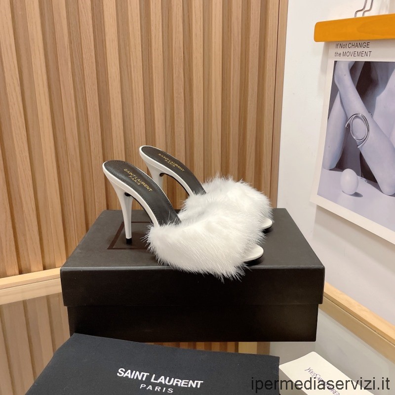 Replika Saint Laurent Roy Pravý Norkový Sandál Na Jehlovém Podpatku V Bílé Barvě 90 Mm 35 Až 40
