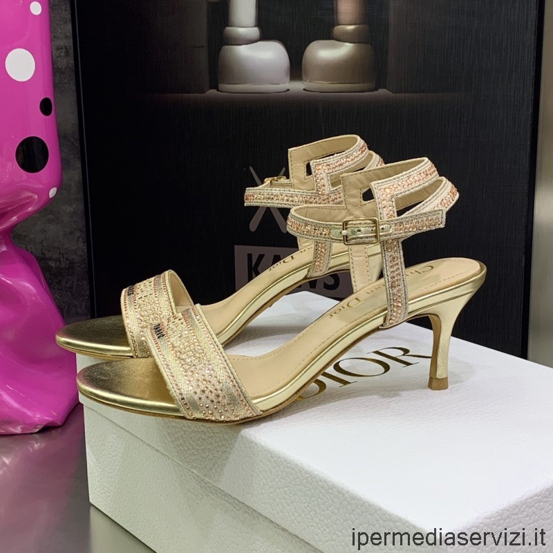 Replika Dior 2022 Dway Sandál Na Podpatku Ze Zlaté Bavlny Vyšívané Metalickou Nití A štrasem 65mm 35 Až 44