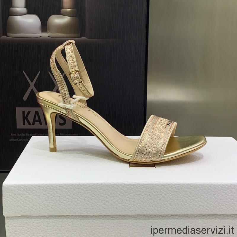 Replika Dior 2022 Dway Sandál Na Podpatku Ze Zlaté Bavlny Vyšívané Metalickou Nití A štrasem 75 Mm 35 Až 44
