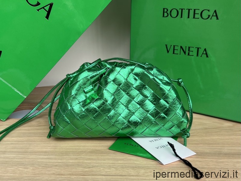 Replika Bottega Veneta Zelená Mini Taštička Intrecciato Metalizovaná Kožená Spojka S Popruhem 22x13x5cm
