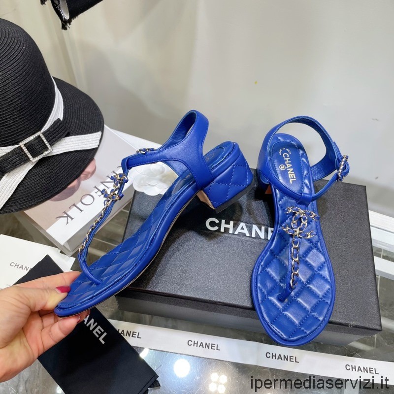 Replika Chanel 2022 Chain Cc Logo Kožený Sandál V Modré Barvě 40mm 35 Až 40