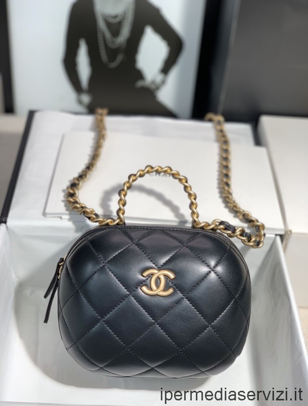 Replika Chanel 2022 černý Malý řetízkový Kosmetický Kufřík S Horní Rukojetí As3066 13x16x10cm