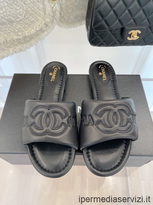 Replika Chanel Cc Výšivka černá Kůže Plochý Sandál 25 Mm 35 Až 41