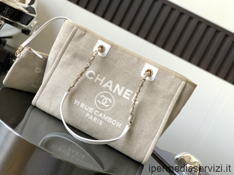 Replika Chanel Medium Deauville šedá Rafia Plátěná Nákupní Taška A66940 34x28x14cm