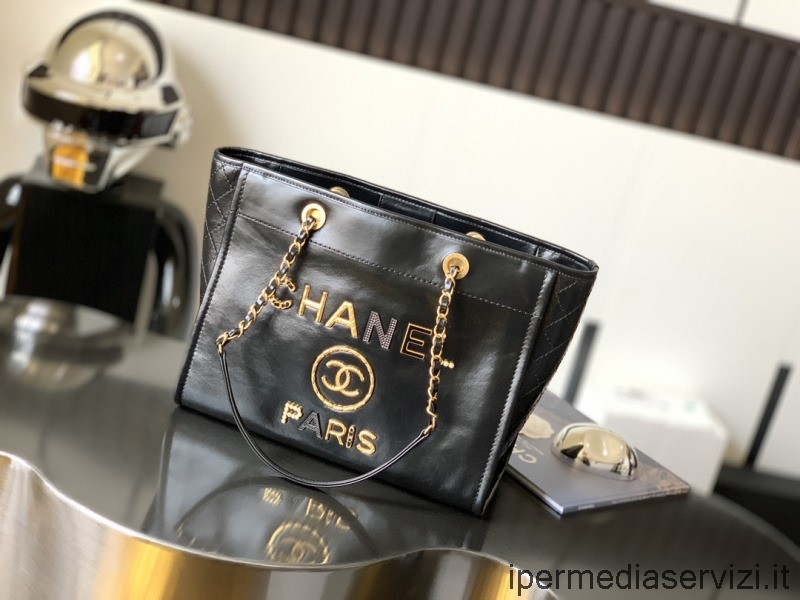 Replika Chanel Střední Deauvilleská Kožená Nákupní Taška V černé Barvě A66940 34x26x17cm