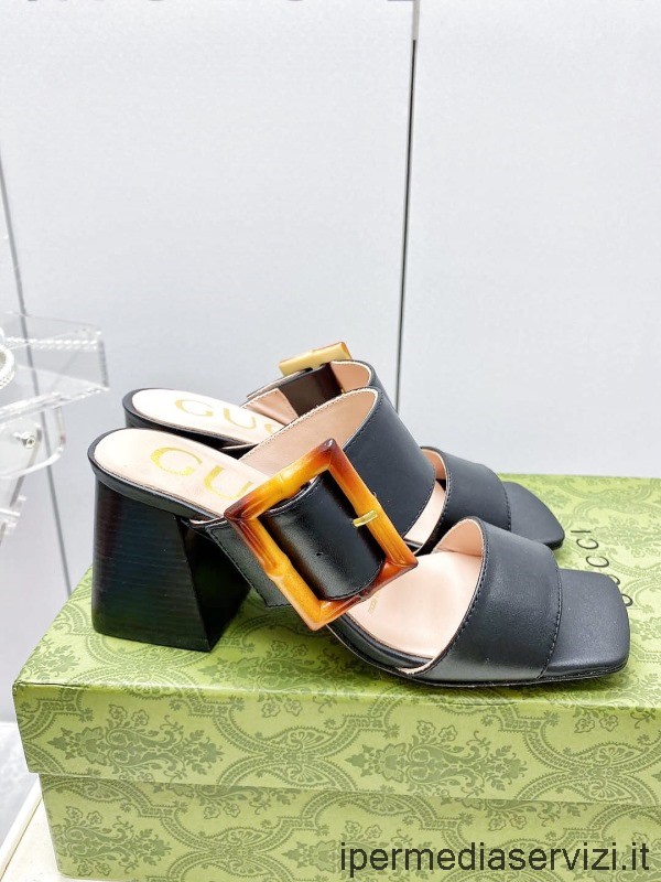 Replika Dámských Sandálů Na Podpatku Z černé Telecí Kůže Gucci S Bambusovou Přezkou 70 Mm 35 Až 41