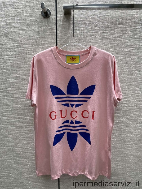 Replika Gucci X Adidas Růžové Bavlněné Tričko S Výstřihem Sml