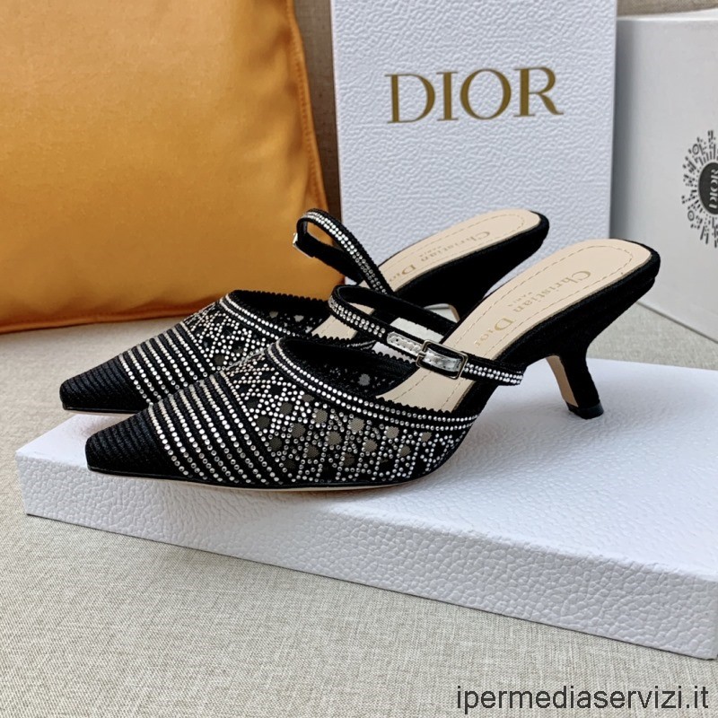 Replika Krystalů Dior S Podpatkem Zachycení Muly V černé Síťované Výšivce Cannage 65 Mm 35 Až 44