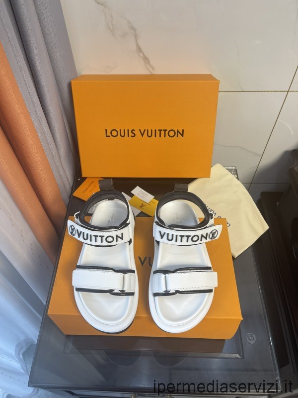 Replika Louis Vuitton Bazénový Polštář Fl Komfortní Plochý Sandál Z Bílé Telecí Kůže 35 Až 42