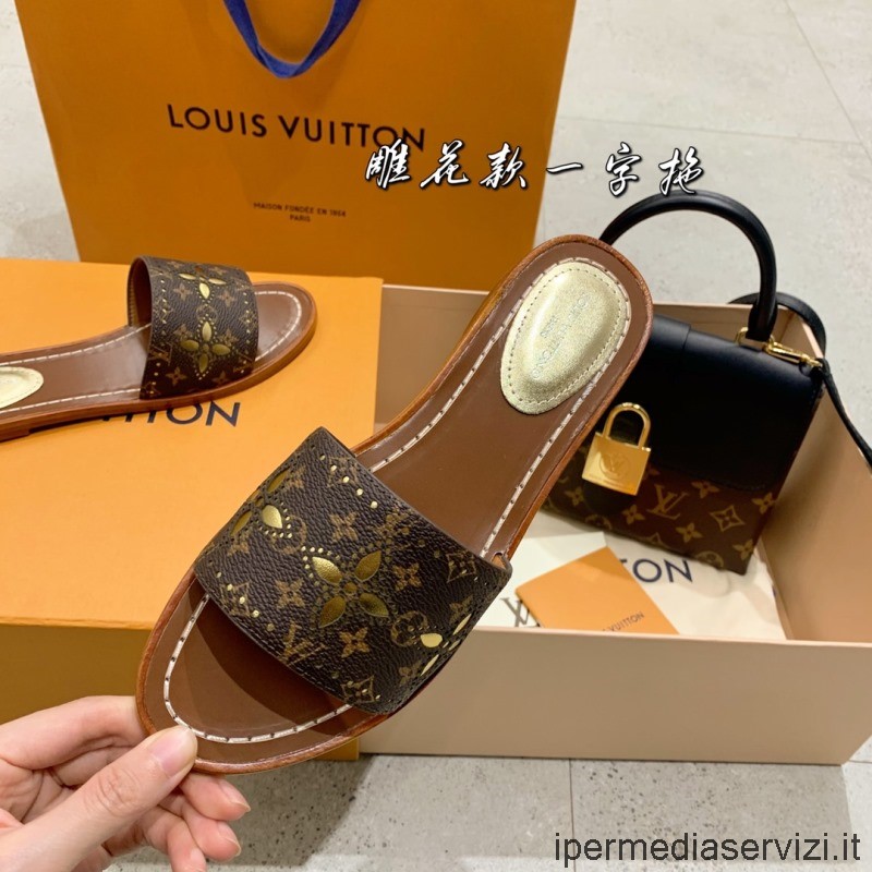 Replika Louis Vuitton Lock It Plochý Sandál Ze Zlatého Perforovaného Monogramového Plátna 35 Až 40