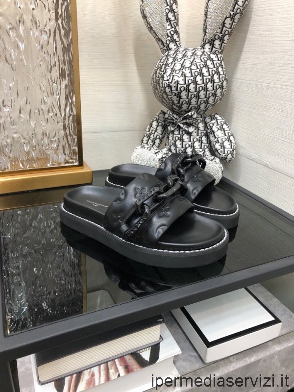 Replika Louis Vuitton Lv Monogram Kožený Plochý Pohodlný Sandál Mula S řetízkem V černé Barvě 35 Až 41