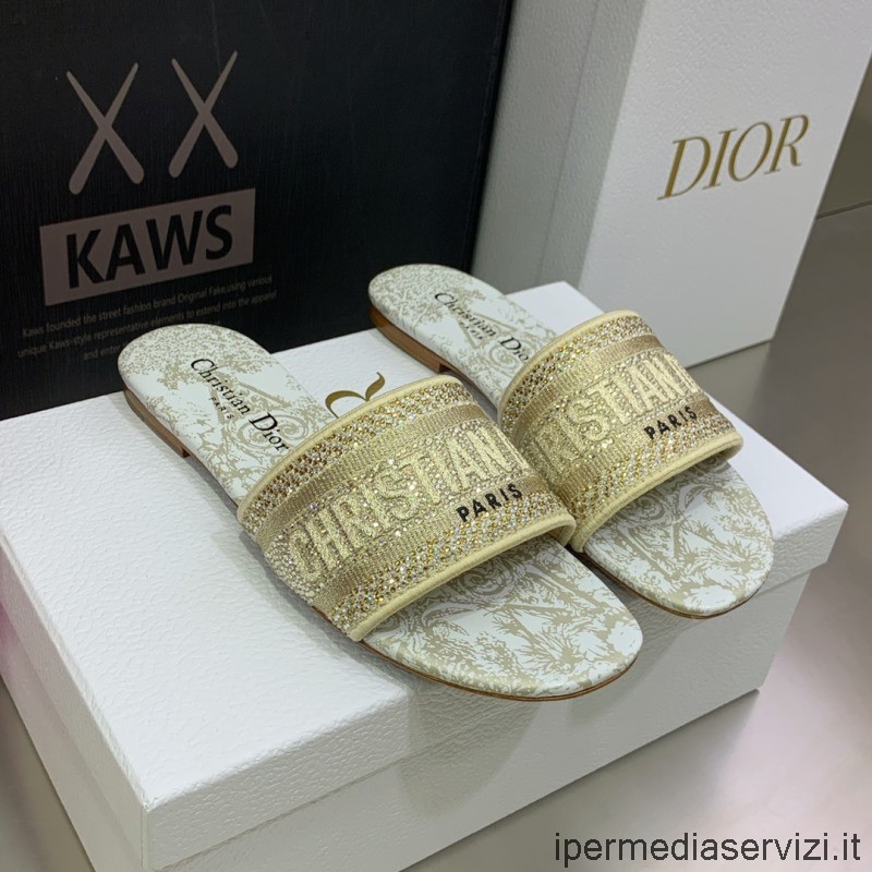 Replika Plochých Sandálů Dior Dway Z Béžové Bavlny Vyšívané Metalickou Nití A štrasem 34 Až 43