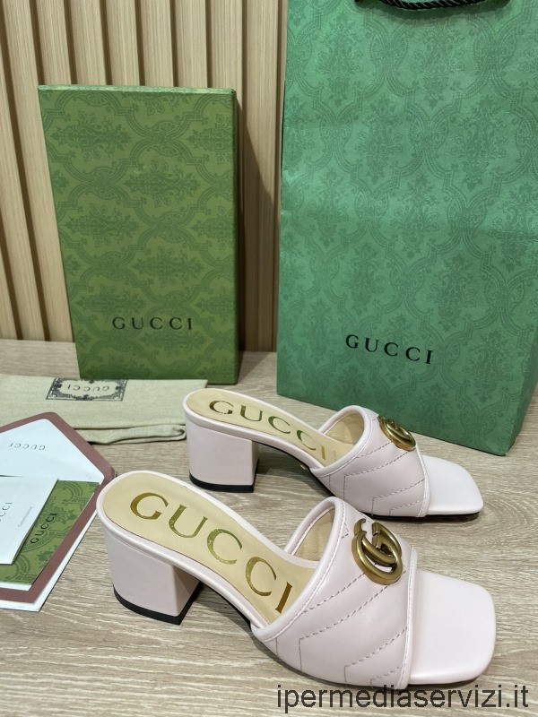 Replika Gucci Double G Růžové Kožené Matelasové Sandály Na Podpatku 55 Mm 35 Až 41