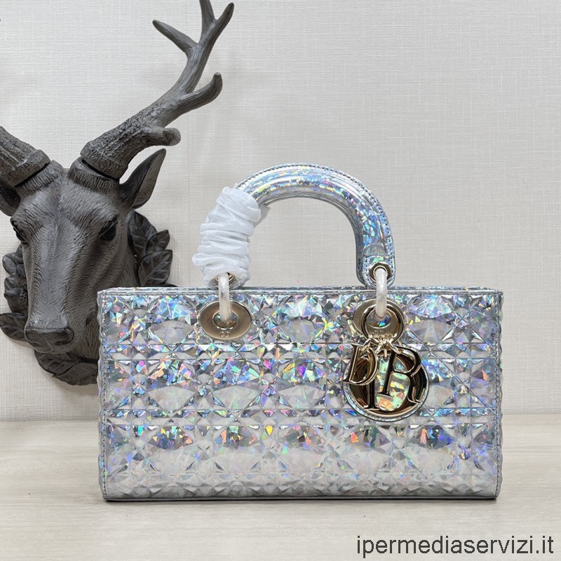 Replika Tašky Dior Lady D Joy Ze Stříbrné Teletiny Cannage S Duhovým Motivem Diamantů 26x13x5cm