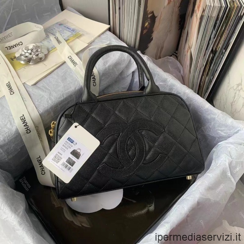 Replika Bowlingové Tašky S Logem Chanel Cc Z černé Kaviárové Kůže As3034 25x14x9cm