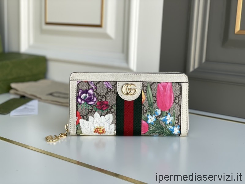 Replika Gucci Ophidia Gg Peněženka Na Zip S Květinovým Potiskem S Bílou Kůží 523154 19x10x2cm
