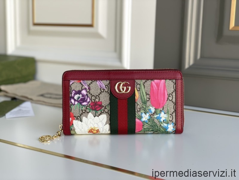 Replika Gucci Ophidia Gg Peněženka Na Zip S Květinovým Potiskem S červenou Kůží 523154 19x10x2cm