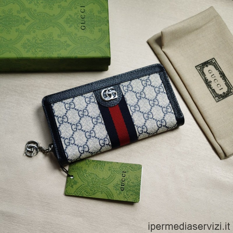 Replika Gucci Ophidia Gg Peněženka Na Zip V Béžově Modrém Plátně Gg Supreme S černou Kůží 523154 19x10x2cm