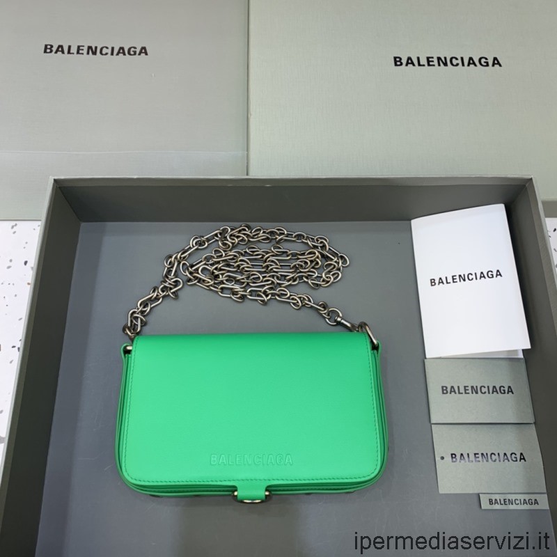 Replika Balenciaga Dámská Bondage Peněženka S řetízkem Ze Zelené Hedvábné Teletiny 19x4x12cm