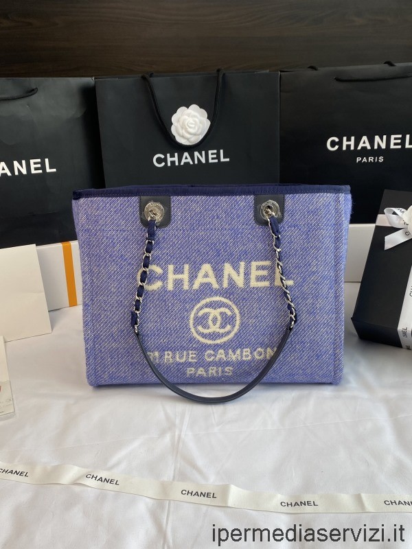 Replika Chanel Malá Nákupní Taška Přes Rameno Z Deauvilleského řetězce V Modré Barvě A67001 33x14x24cm